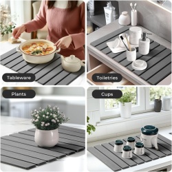 Covoraș Absorbant pentru Uscarea Vaselor din Pământ de Diatomee, 60 x 40 cm, Pliabil, Uscare Rapidă, pentru Chiuvetă, Veselă, Pahare și Espressor de Cafea (Gri Închis) - Img 4