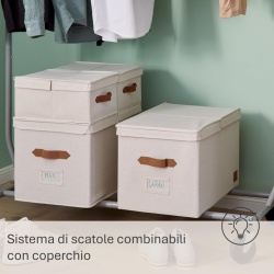 Cutie Depozitare Premium cu Capac XL Bej, Organizator Haine și Lenjerii din Țesătură de In, Mânere din Piele Ecologică, Structură Ranforsată cu Lemn, Fereastră Etichetă, 50 x 33 x 32 cm - Img 4