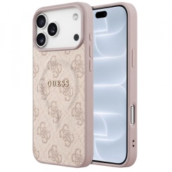 Husa MagSafe pentru Apple iPhone 18 Pro / 17 Pro, Guess, 4G Embossed Ring Classic Logo, Roz