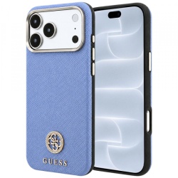 Husa MagSafe pentru Apple iPhone 18 Pro / 17 Pro, Guess, Grained Round Strass Logo, Bleu