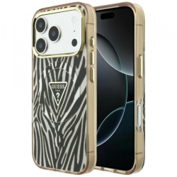 Husa MagSafe pentru Apple iPhone 18 Pro Max / 17 Pro Max, Guess, Zebra Glitter Triangle Logo, Aurie