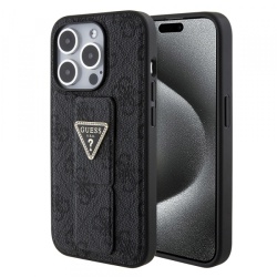Husa pentru Apple iPhone 15 Pro, Guess, Grip Stand 4G Triangle Strass, Neagra