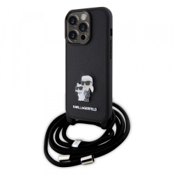 Husa pentru Apple iPhone 15 Pro, Karl Lagerfeld, Saffiano Crossbody Metal Pin Karl & Choupette, Neagra