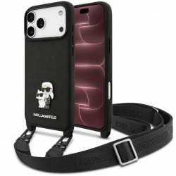 Husa pentru Apple iPhone 18 Pro Max / 17 Pro Max, Karl Lagerfeld, Saffiano Crossbody Metal Pin Karl & Choupette, Neagra