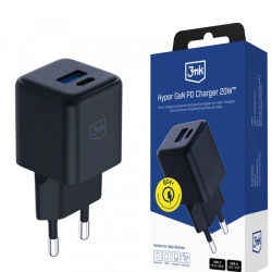 Incarcator Retea 3MK Hyper, 20W, 3A, 1 x USB-A - 1 x USB-C, Negru