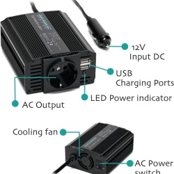 Invertor Auto 12V la 220V 300W OVERMUST, Priză AC 220V, 2 Porturi USB 2.1A, Ventilator Inteligent Silențios, Încărcare Simultană 3 Dispozitive, Protecție la Supratensiune și Scurtcircuit - Img 5