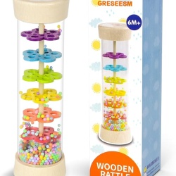 Jucarie senzoriala muzicala Montessori tip Rainmaker / Rain Stick, din lemn, zornaitoare sunet de ploaie, pentru bebelusi si copii mici 6-12 luni+, 19.5 cm (7.7 inch), Multicolor - Img 3