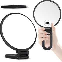 Oglindă Cosmetică de Machiaj cu Mâner 1X / 30X, Dublă Față, Rotativă la 360°, Pliabilă și Portabilă, cu Pensetă Inclusă (Negru Mat)