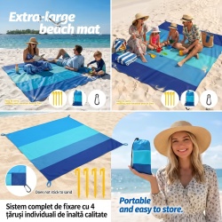 Patura de picnic sau de plaja, Patura De Plaja, Extra Mare 200X 200cm, Impermeabila, Rezistenta La Nisip, Pentru Calatorii, Camping, Drumetii, Cu 4 Cuie De Fixare La Sol - Img 2