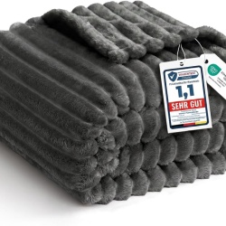 Pătură Dreptunghiulara Fleece WAVVE 150 x 200 cm, Flanelă Moale cu Textură Dungi în Relief, Călduroasă și Respirabilă, pentru Canapea și Pat, Gri