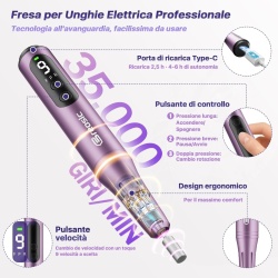 Pila Electrică Profesională Fără Fir Typec Home, 35.000 RPM, Set 12 Capete de Freză și 31 Benzi, Ecran LED, Autonomie Extinsă, Alb / Violet - Img 8