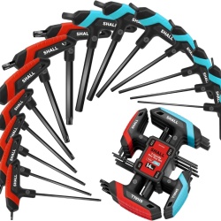 Set 14 Chei Hexagonale și Torx cu Mâner în T Shall, 7 Bucăți Metrice și 7 Bucăți Torx, Oțel Vanadiu Tratat Termic, Suport de Perete/Depozitare Inclus, Negru