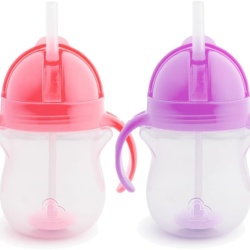 Set 2 Căni de Tranziție Munchkin Click Lock cu Pai Ponderat Flexibil, Anti-Curge, Fără BPA, Periuță de Curățare Inclusă, pentru Bebelusi 6+ Luni, Roz și Mov