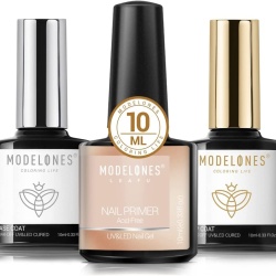 Set Manichiură Modelones 3 în 1: Primer Unghii, Bază (Base Coat) și Top Coat No Wipe 3 x 10 ml, Tratament Pregătire și Sigilare Ojă Semipermanentă / Gel UV/LED, Rezistență Peste 28 de Zile, Luciu Intens de Oglindă