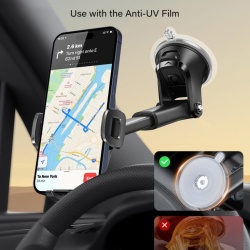 Suport Auto pentru Telefon APPS2Car, Fixare cu Ventuză Gel și Pad Adeziv 3M pe Parbriz sau Bord, Braț Telescopic Reglabil, Rotație 360°, Buton Quick-Release, Compatibil 4.7 - 6.8 Inch, Negru - Img 2