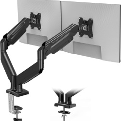 Suport Birou BONTEC pentru 2 Monitoare, 13–32 inch, Brațe Articulate cu Piston pe Gaz, Reglare Înălțime, Rotire 360°, Înclinare ±90°, VESA 75x75/100x100 mm, 3–9 kg/Braț, Negru