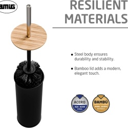 Suport cu Perie de Toaletă AMIG Naturline Ø 9.5 x 38 cm, Oțel Inoxidabil și Detalii din Lemn de Bambus Natural, Design Modern Minimalist, Negru Mat - Img 4