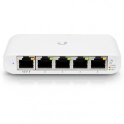 Ubiquiti UniFi Switch, USW-FLEX MINI, 5x 10/100/1000 Mbps RJ45 Ports, 802.3af/at PoE (Pins 1, 2+; 3, 6-), USB Type C, 5V.