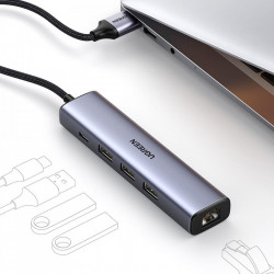 Adaptor multifunctional Ugreen HUB USB 3.0 - 3 x USB / Ethernet RJ-45 / USB Tip C PD gri (CM475)