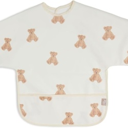 Bavețică Impermeabilă cu Mâneci Lungi Jollein Teddy 75 x 40 cm, Închidere cu Arici (Scai), Imprimeu Ursuleți, Albă