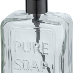 Dozator Reîncărcabil de Săpun Lichid din Sticlă Masivă 550 ml, Formă Cubică cu Muchii Verticale, Pompă Neagră Mată, Inscripție Pure Soap, pentru Baie și Bucătărie