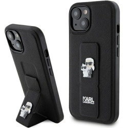 Husa MagSafe pentru Apple iPhone 15, Karl Lagerfeld, Saffiano Gripstand Karl & Choupette, Neagra