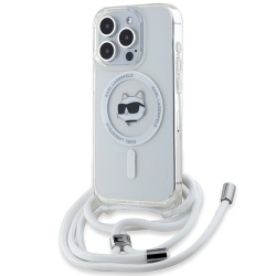 Husa MagSafe pentru Apple iPhone 15 Pro, Karl Lagerfeld, IML Crossbody Choupette's Head with Strap, Transparenta