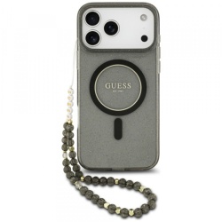 Husa MagSafe pentru Apple iPhone 18 Pro / 17 Pro, Guess, IML Glitter with Pearl Strap, Neagra
