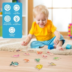 Joc de Pescuit Magnetic din Lemn Montessori, Puzzle 14 Piese cu Tablă Suport și Undiță Magnetică, Peștișori Colorati cu Litere în Engleză, Jucărie Educativă de Dexteritate pentru Copii 3+ Ani - Img 4