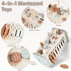 Jucărie Educativă Montessori 4 în 1 din Lemn DINORUN pentru Copii 1–3 Ani, Joc Lovit Cârtițe (Mole Catcher), Pescuit Magnetic, Xilofon Muzical și Rotițe Dințate, Vopsea pe Bază de Apă, Multicolor - Img 6