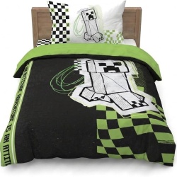 Lenjerie de pat pentru 1 persoana Minecraft Creeper Doodle, 100% bumbac, cearceaf pilota si fata de perna 50 x 70 cm, Multicolor