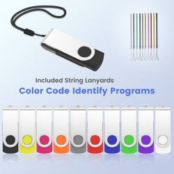 Set 10 stick-uri de memorie USB 2.0 de 2GB, memorie flash portabilă cu șnururi de gât incluse, carcasă pivotantă metalică 360°, Negru - Img 3