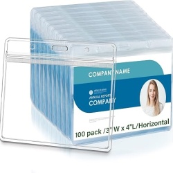 Set 100 bucati suport ecuson orizontal transparent, buzunar protectie legitimatie cu fermoar ziplock impermeabil, 10x7.5 cm (4x3 inch), pentru card acces, conferinte si evenimente