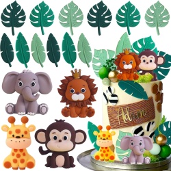 Set 16 Toppere Tort Tematică Junglă / Safari Sage Green, Figurine Animale (Leu, Elefant, Maimuță, Girafă) și Frunze Tropicale, Decorațiuni Tort pentru Petrecere Copii, Botez și Baby Shower - Img 4