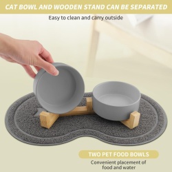 Set 2 Boluri din Ceramică pentru Pisici și Căței cu Suport din Lemn de Bambus, Capacitate 2 x 400 ml, Poziție Ergonomică Anti-Reflux, Gri - Img 3