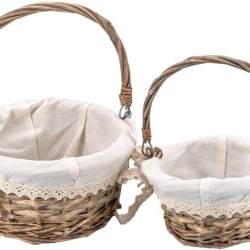 Set 2 Coșuri din Răchită Împletită Ideen mit Herz, Căptușeală Textilă Detașabilă cu Dantelă Croșetată, Mânere Mobile, Stil Shabby Chic / Vintage