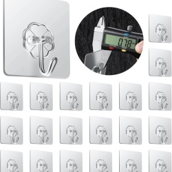 Set 20 Agățători Autoadezive Transparente Heavy Duty, Cârlig Inox Rabatabil 180°, Sarcină Maximă 20 kg, Impermeabile și Reutilizabile, Montaj Fără Găurire, pentru Baie, Bucătărie, Faianță și Sticlă (60 x 60 mm)