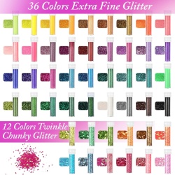 Set 48 Borcănașe cu Sclipici Colorat pentru Rășină Epoxidică, Lucrări Hand-Made, Slime, Unghii și Machiaj Artistic (Total 576g), Pudră Extra Fină și Sclipici Chunky, Design Anti-Vărsare cu Capac Flip-Top, Multicolor - Img 3