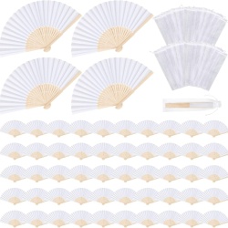 Set 60 Evantaie Pliabile din Bambus și Hârtie Albă Typec Home cu 60 Săculeți din Organza, Evantaie de Mână Elegante pentru Mărturii de Nuntă, Oaspeți, Botez, Evenimente Estivale și Proiecte Creative DIY