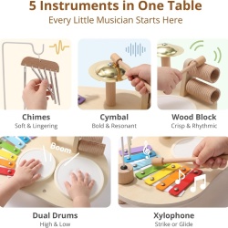 Set Muzical Complet de Tobe și Instrumente din Lemn pentru Copii 1-3 Ani Typec Home, Centru de Activități Sonore Montessori cu Xilofon, 2 Tobe, Chimval din Alamă, Clopoței de Vânt și Zornăitoare - Img 7