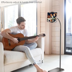Suport de Podea Reglabil pentru Tabletă și Telefon LanPavilion, Braț Flexibil Tip Gât de Lebădă 40 cm, Rotație 360°, Bază Metalică Stabilă și Grea (1.8 kg), Compatibil 4.7–12.9 Inch, Negru - Img 8