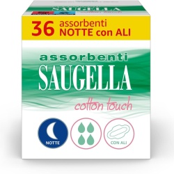 Absorbante de Noapte cu Aripioare Saugella Cotton Touch, 100% Bumbac, Protecție Activă cu Extract de Cimbru (Thymus Vulgaris), Hipoalergenice, 36 Bucăți
