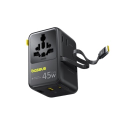 Adaptor de calatorie Baseus PicoGo AG11 2x AC, 2x USB-A, 1x USB-C, 45W, cablu USB-C retractabil, Negru