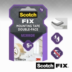 Bandă Dublu Adezivă pentru Montare Oglinzi Scotch-Fix (3M) 19 mm x 5 m, Fixare Puternică și Rezistentă la Umiditate, Spumă Adezivă de Înaltă Aderență Fără Găurire, pentru Baie, Hol și Suprafețe Netede