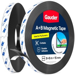Bandă Magnetică Autoadezivă GAUDER A+B pentru Plase de Țânțari, 3m + 3m, Lățime 15 mm, Forță de Adeziune Ridicată, Pentru Plastic, Lemn sau Metal, Argintiu