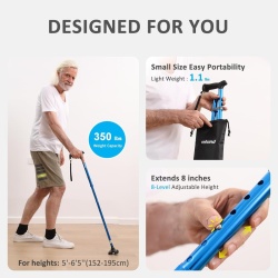 Baston Pliabil și Reglabil pentru Adulți și Seniori Rehand, Bază Pivotantă Autoportantă în 4 Puncte (Freestanding), Mâner Ergonomic Moale din TPR, Tijă Ușoară din Aluminiu cu 8 Trepte de Înălțime (78–96 cm), Husă de Transport Inclusă, Albastru - Img 4