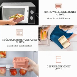 Caserolă Alimentară Bento 1400 ml, 3 Compartimente Detașabile, Set Tacâmuri Inclus, Etanșare Antiscurgere, Compatibilă cu Microunde și Mașina de Spălat Vase, Roz - Img 6