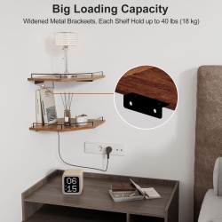 Etajeră de Colț Suspendată cu 2 Niveluri Typec Home (12 Inch / ~30 cm), Formă Hexagonală / Evantai cu Grilaj de Protecție și Orificiu pentru Cabluri, Lemn Rustic Maro și Suport Metalic - Img 3