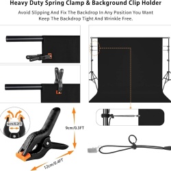 Fundal Foto Negru 2 x 3 Metri din material textil, Set Complet cu 4 Cleme cu Arc și 4 Clipsuri Anti-Șifonare pentru Portrete, Studio și Streaming - Img 2