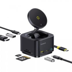 Hub Multifunctional Baseus MagPro II 7in1, 1 x USB-A - 2 x USB-C - 1 x HDMI - 1 x QI - 1 x SD - 1 x microSD, Negru Resigilat B00072900121-00